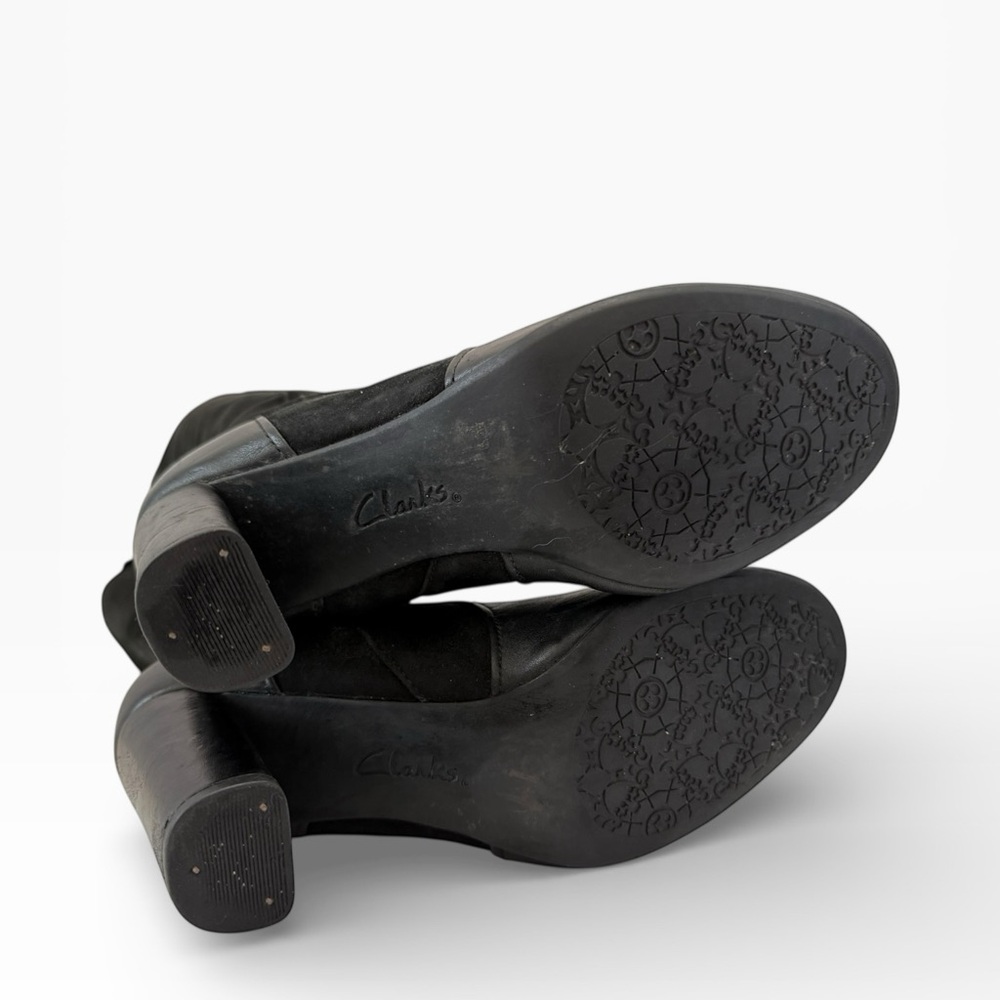 Black Tall Knee-High Leather & Suede Boots W 6.5 Block Heel Side Zip Clarks - Picture 7 of 13